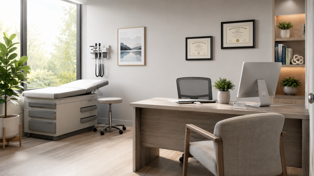 A modern, softly lit doctor's consultation office with an exam table, desk, framed credentials on the wall, and houseplants