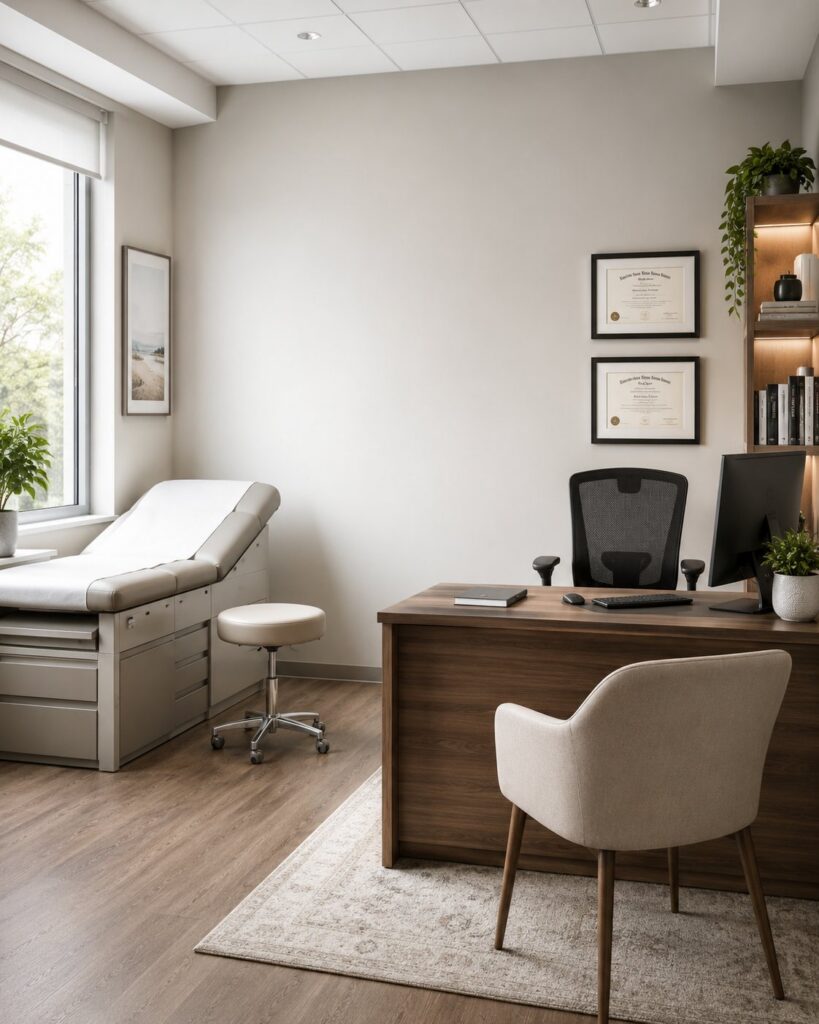 A bright, minimalist doctor's consultation office with an exam table, wooden desk, framed credentials, and a woven rug